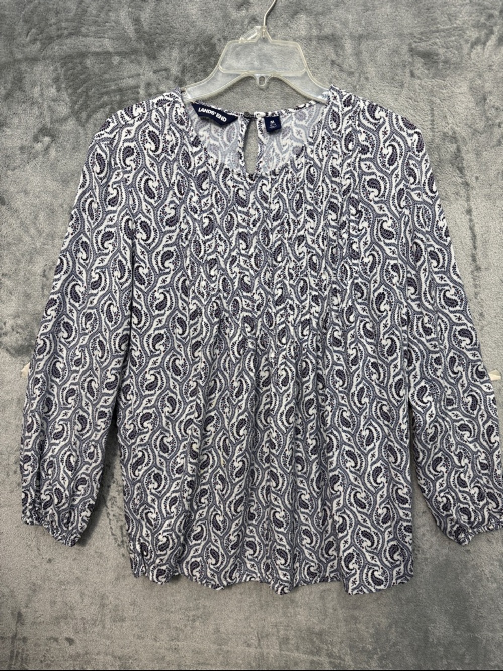 Lands' End Med Navy and White Paisley Keyhole Blouse Long sleeve